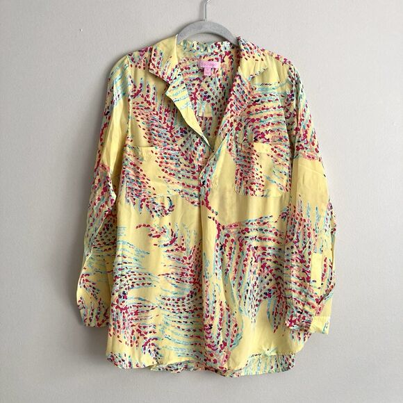 Lilly Pulitzer 100% Silk Top Yellow Printed Long Sleeve Blouse Colorful Size Med - Picture 1 of 12